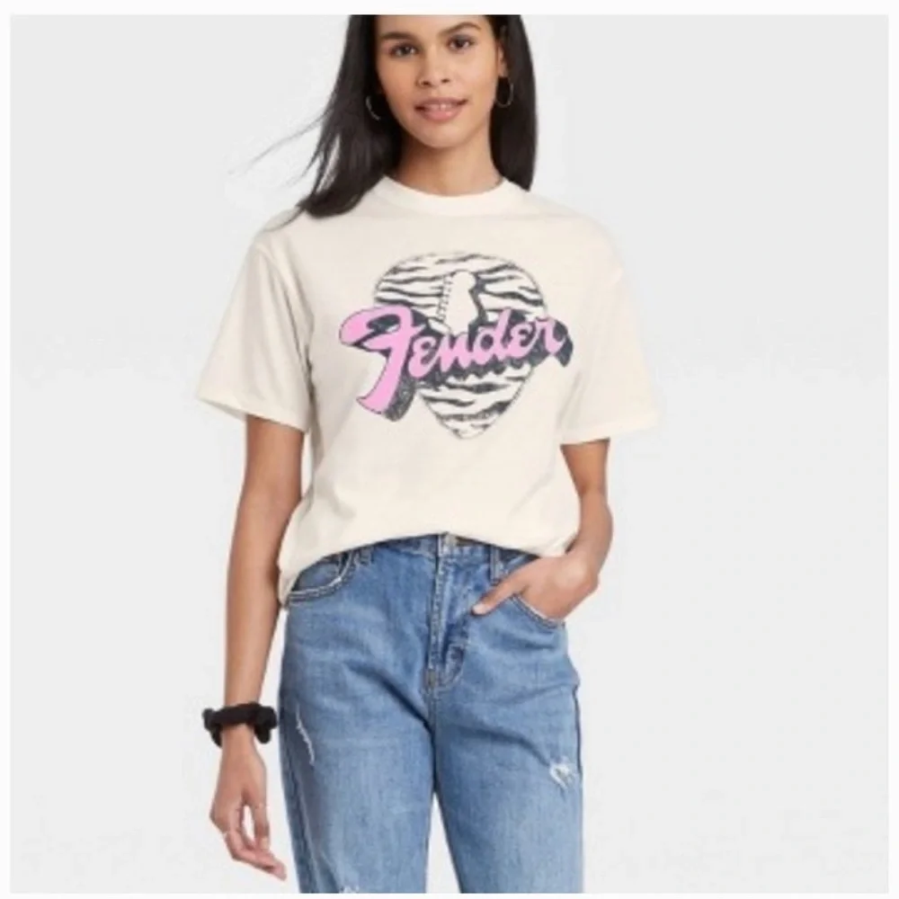 - 🆕Fender Women Guitar Band Rock Music Zebra Stripes Shirt White Pink Size… - Picture 1 of 4